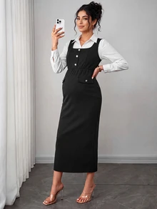 Momance Maternity Dress Elegant Elegant Long Sleeve Square Neck Front Pearl Decoration Button + Faux Pocket Bodycon Fitted Back Slit Dress Fall - Black - View 4