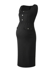 Momance Maternity Dress Elegant Elegant Long Sleeve Square Neck Front Pearl Decoration Button + Faux Pocket Bodycon Fitted Back Slit Dress Fall - Black - View 7