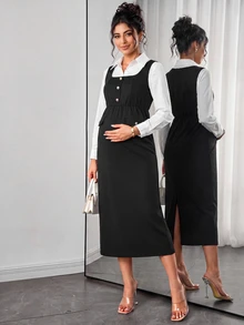 Momance Maternity Dress Elegant Elegant Long Sleeve Square Neck Front Pearl Decoration Button + Faux Pocket Bodycon Fitted Back Slit Dress Fall - Black - View 1