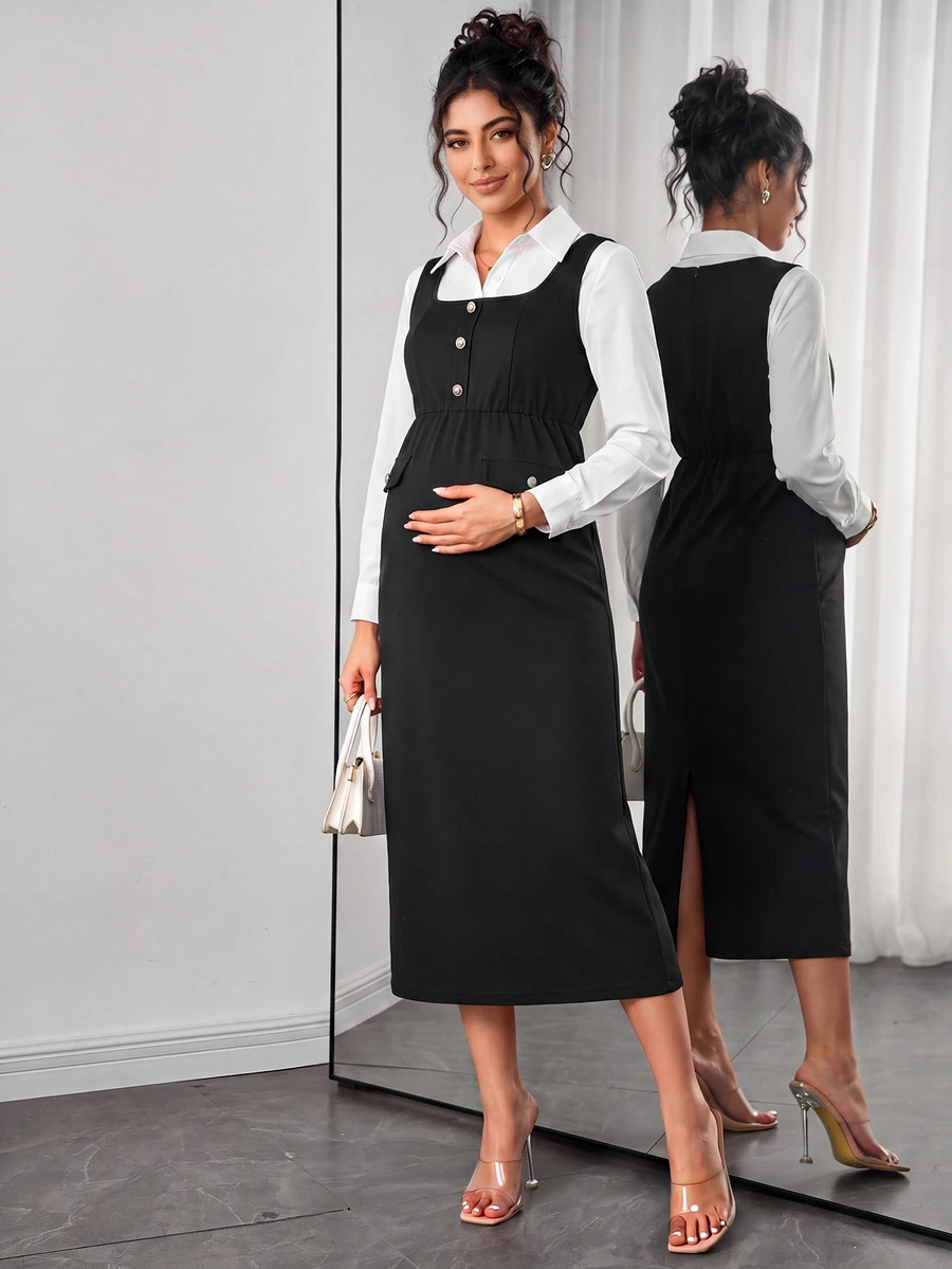 Momance Maternity Dress Elegant Elegant Long Sleeve Square Neck Front Pearl Decoration Button + Faux Pocket Bodycon Fitted Back Slit Dress Fall - Black - View 1