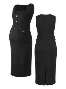 Momance Maternity Dress Elegant Elegant Long Sleeve Square Neck Front Pearl Decoration Button + Faux Pocket Bodycon Fitted Back Slit Dress Fall - Black - View 8