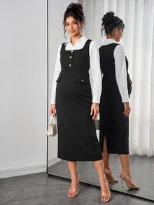 Momance Maternity Dress Elegant Elegant Long Sleeve Square Neck Front Pearl Decoration Button + Faux Pocket Bodycon Fitted Back Slit Dress Fall - Black - View 2