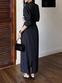 Dazy Tall Women's Striped Shirt & Skirt 2 Pieces Set, Casual Urban Style - Navy Blue - View 8