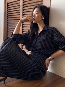 Dazy Tall Women's Striped Shirt & Skirt 2 Pieces Set, Casual Urban Style - Navy Blue - View 5