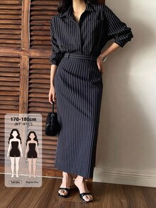 Dazy Tall Women's Striped Shirt & Skirt 2 Pieces Set, Casual Urban Style - Navy Blue - View 1