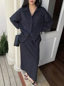 Dazy Tall Women's Striped Shirt & Skirt 2 Pieces Set, Casual Urban Style - Navy Blue - View 3