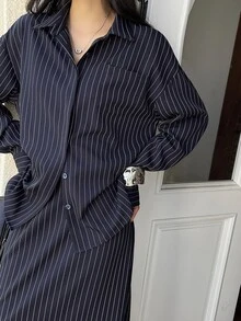 Dazy Tall Women's Striped Shirt & Skirt 2 Pieces Set, Casual Urban Style - Navy Blue - View 4