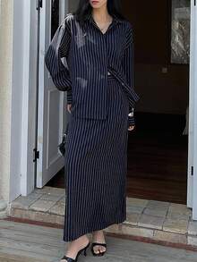 Dazy Tall Women's Striped Shirt & Skirt 2 Pieces Set, Casual Urban Style - Navy Blue - View 7