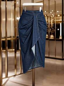 GlowEve Women's Elegant Asymmetric Hem Pleated Denim Skirt - Blue - View 1