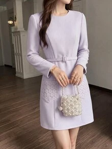 Feyla Women's Round Neck Long Sleeve Pocket Design Elegant French Short Dress Tea Party Garden Date Lilac Fall - Purple - View 4