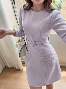 Feyla Women's Round Neck Long Sleeve Pocket Design Elegant French Short Dress Tea Party Garden Date Lilac Fall - Purple - View 2