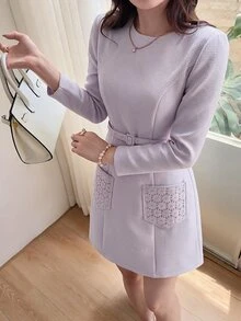 Feyla Women's Round Neck Long Sleeve Pocket Design Elegant French Short Dress Tea Party Garden Date Lilac Fall - Purple - View 8