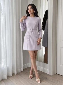 Feyla Women's Round Neck Long Sleeve Pocket Design Elegant French Short Dress Tea Party Garden Date Lilac Fall - Purple - View 1