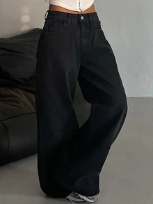 DAZY 女士纯色前扣口袋简约牛仔裤，休闲日常穿着 Y2k - 黑色 - 查看 2