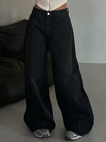 DAZY 女士纯色前扣口袋简约牛仔裤，休闲日常穿着 Y2k - 黑色 - 查看 3