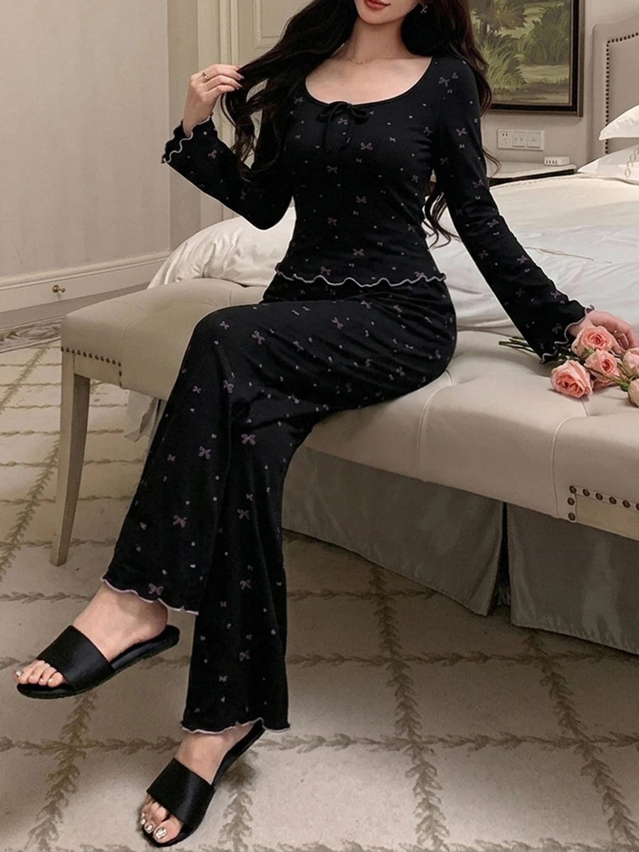 DAZY 2pcs/Set Women's Bow Print Square Neck Fitted Long Sleeve T-Shirt & Straight Leg Long Pajama Pants Sleepwear Set - Black - View 1