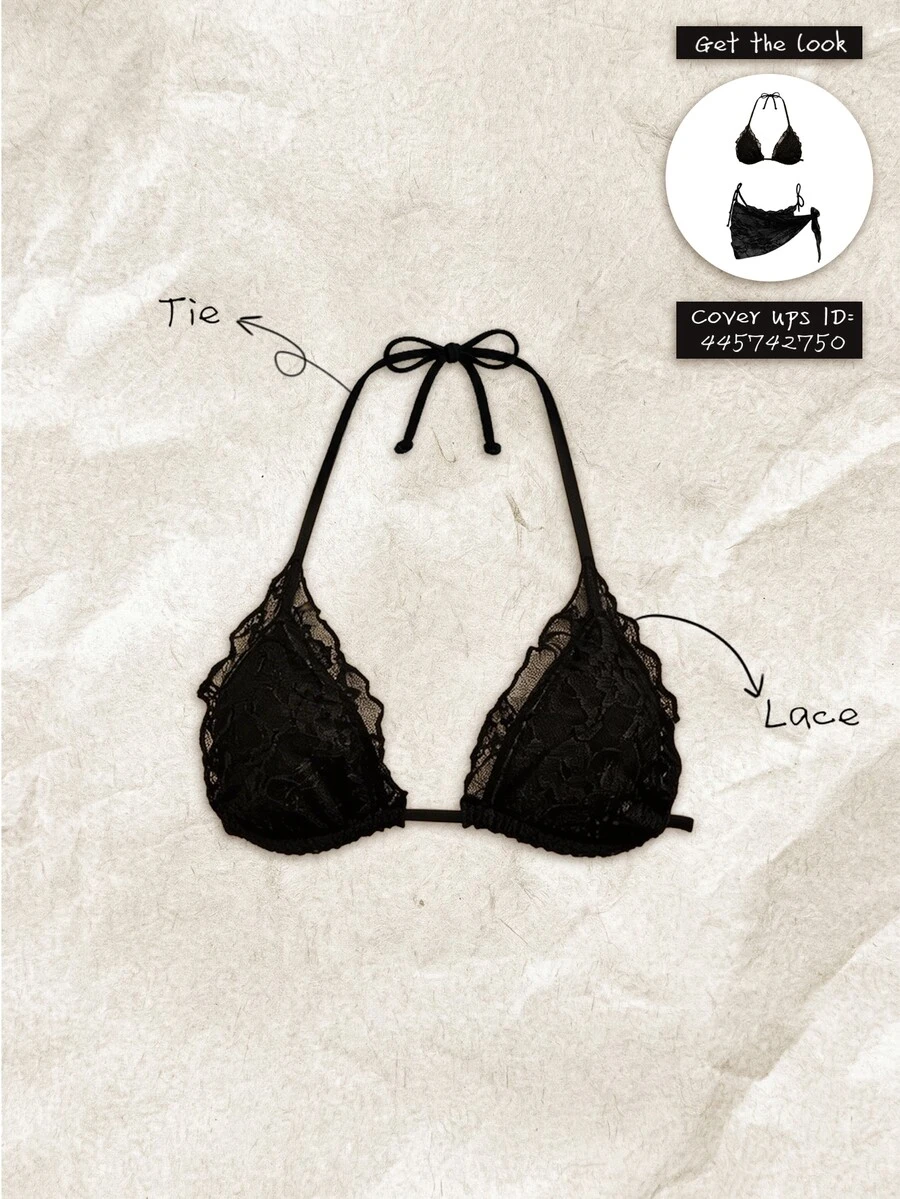 Elavelle Women's Halloween Elegant Lace Halter Bikini Top(Only Top), Summer And Fall Sexy Black Tropical Beach Club Party Vacation - Black - View 1