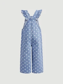 Girls' White Polka Dot Blue Denim Ruffle Loose Fit Jumpsuit Cowgirl - Blue - View 3
