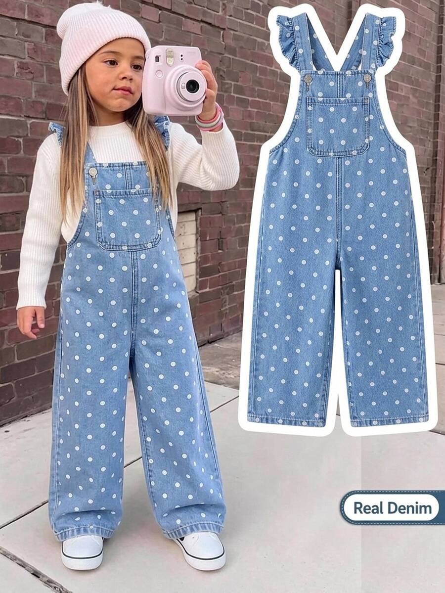 Girls' White Polka Dot Blue Denim Ruffle Loose Fit Jumpsuit Cowgirl - Blue - View 1