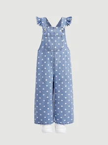 Girls' White Polka Dot Blue Denim Ruffle Loose Fit Jumpsuit Cowgirl - Blue - View 2