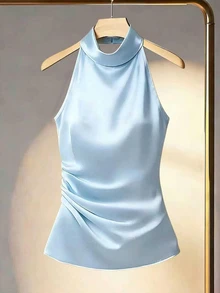 Franclia Women's Solid Color Halter Neck Drape Elegant Fitted Blouse, Summer Halter Top Sleeveless Top Blue Top Satin Top Ruched Top - Blue - View 1