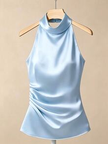 Franclia Women's Solid Color Halter Neck Drape Elegant Fitted Blouse, Summer Halter Top Sleeveless Top Blue Top Satin Top Ruched Top - Blue - View 3
