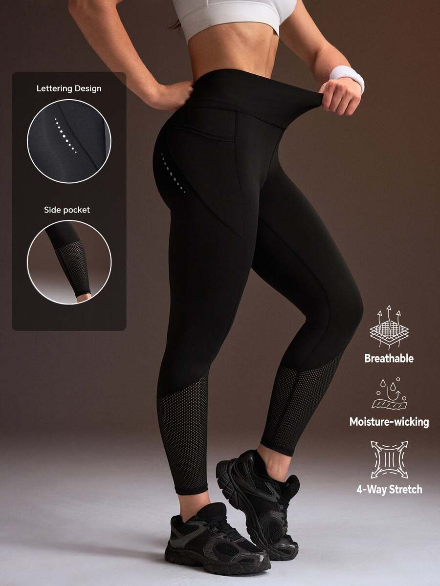 Powerista Women's Solid Color High Waist Daily Fitness Workout Leggings Seamless Tummy Control Mesh Insert Compression Tights With Side Phone Pocket Yoga