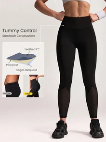 Powerista Women's Solid Color High Waist Daily Fitness Workout Leggings Seamless Tummy Control Mesh Insert Compression Tights With Side Phone Pocket Yoga - Black - View 5