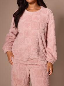 Lazeform Women's Sweet Heart Jacquard Plush Pajama Set, Round Neck Long Sleeve Top And Long Pants, Plus Size Loungewear 2-Piece Set - Pink - View 6
