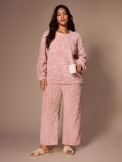 Lazeform Women's Sweet Heart Jacquard Plush Pajama Set, Round Neck Long Sleeve Top And Long Pants, Plus Size Loungewear 2-Piece Set