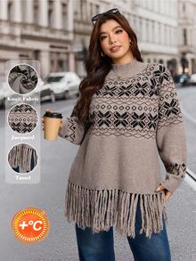 SHEIN LUNE Plus Size Women's Sweater Pullover, Autumn/Winter, Half Turtleneck, Long Sleeve, Tassel Hem, Fair Isle Pattern, Comfortable Casual - Khaki - View 5