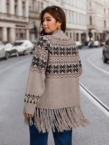SHEIN LUNE Plus Size Women's Sweater Pullover, Autumn/Winter, Half Turtleneck, Long Sleeve, Tassel Hem, Fair Isle Pattern, Comfortable Casual - Khaki - View 2