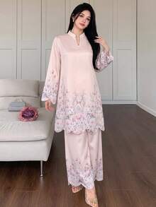Modelyn Spring Summer New Soft Pink Floral Print Women's Two Piece Set, Loose Long Sleeve Top With High Waist Straight Leg Pants, Elegant Sweet Casual - Pink - View 4