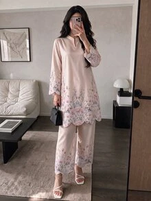 Modelyn Spring Summer New Soft Pink Floral Print Women's Two Piece Set, Loose Long Sleeve Top With High Waist Straight Leg Pants, Elegant Sweet Casual - Pink - View 2