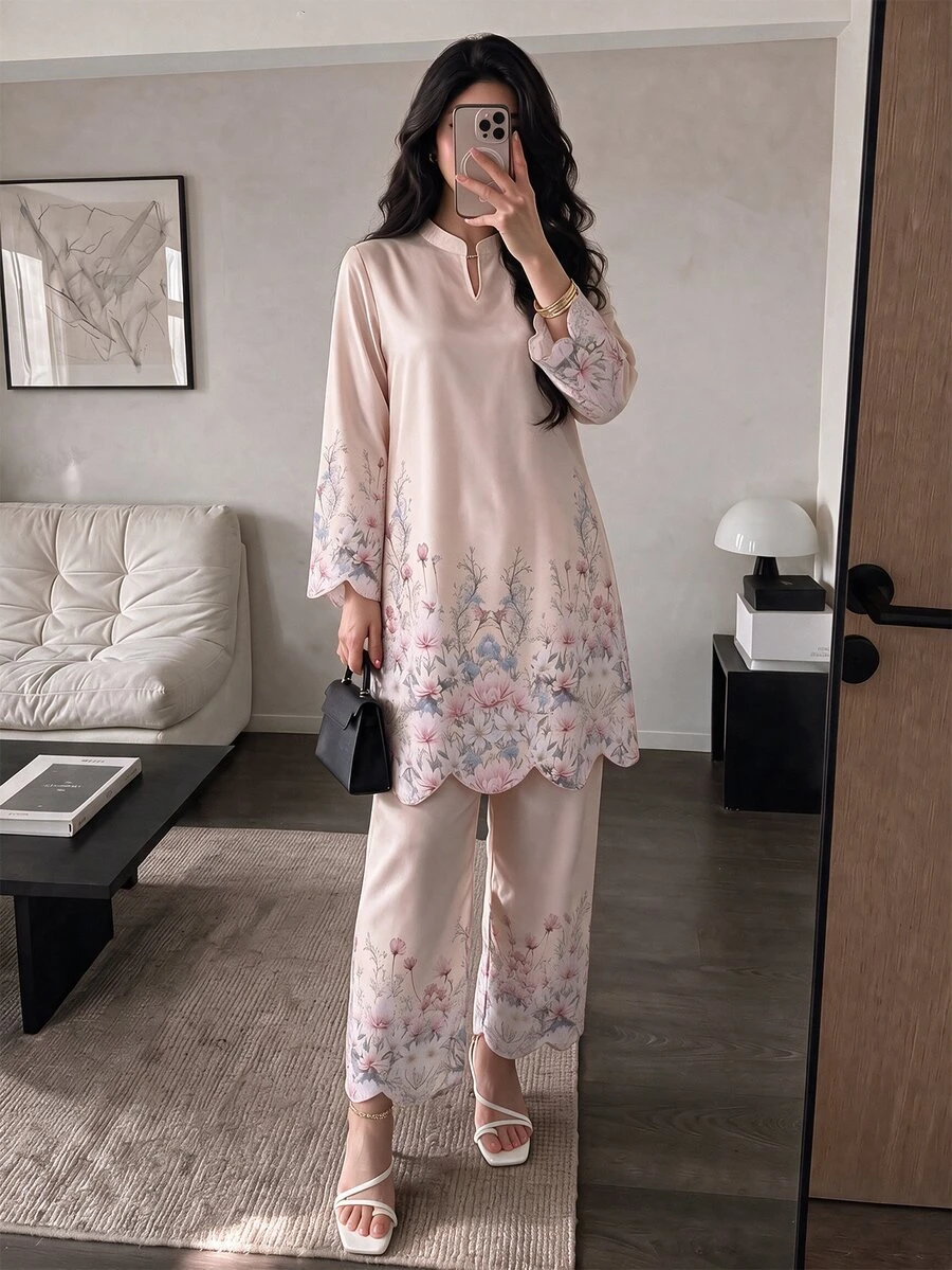 Modelyn Spring Summer New Soft Pink Floral Print Women's Two Piece Set, Loose Long Sleeve Top With High Waist Straight Leg Pants, Elegant Sweet Casual
