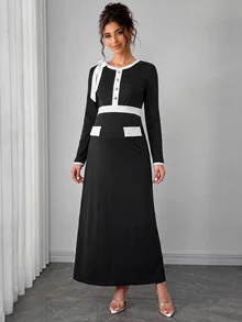 Momance فستان حمل نسائي أنيق وعصري باللون الأسود بأكمام طويلة وأزرار زخرفية - الأسود - مشاهدة 2