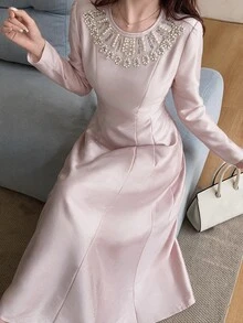 Feyla Women's Elegant Romantic Beaded Rhinestone Decorated Midi Dress Party Dinner Dusty Pink Fall - Pink - View 1