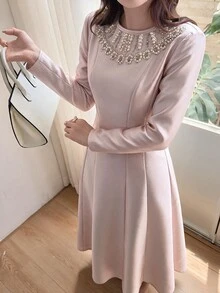 Feyla Women's Elegant Romantic Beaded Rhinestone Decorated Midi Dress Party Dinner Dusty Pink Fall - Pink - View 9