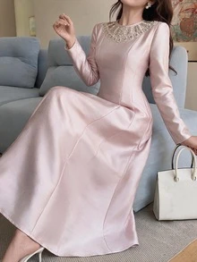Feyla Women's Elegant Romantic Beaded Rhinestone Decorated Midi Dress Party Dinner Dusty Pink Fall - Pink - View 7