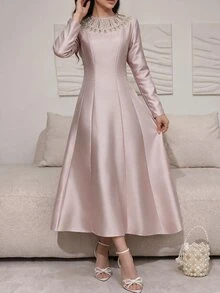 Feyla Women's Elegant Romantic Beaded Rhinestone Decorated Midi Dress Party Dinner Dusty Pink Fall - Pink - View 5