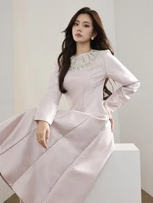 Feyla Women's Elegant Romantic Beaded Rhinestone Decorated Midi Dress Party Dinner Dusty Pink Fall - Pink - View 12
