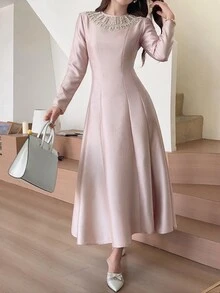 Feyla Women's Elegant Romantic Beaded Rhinestone Decorated Midi Dress Party Dinner Dusty Pink Fall - Pink - View 6