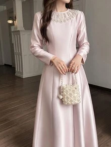 Feyla Women's Elegant Romantic Beaded Rhinestone Decorated Midi Dress Party Dinner Dusty Pink Fall - Pink - View 10
