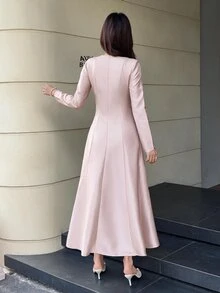 Feyla Women's Elegant Romantic Beaded Rhinestone Decorated Midi Dress Party Dinner Dusty Pink Fall - Pink - View 3