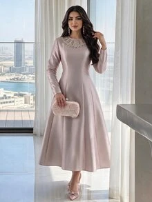 Feyla Women's Elegant Romantic Beaded Rhinestone Decorated Midi Dress Party Dinner Dusty Pink Fall - Pink - View 2
