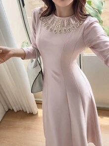 Feyla Women's Elegant Romantic Beaded Rhinestone Decorated Midi Dress Party Dinner Dusty Pink Fall - Pink - View 4