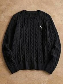 HIMLAND Men Knitted Casual Loose Fit Long Sleeve Sweater, Stylish And Youthful Cable Knit Sweater, Couple Things, For Daily Wear, For Fall Winter, Spring - Black - View 1