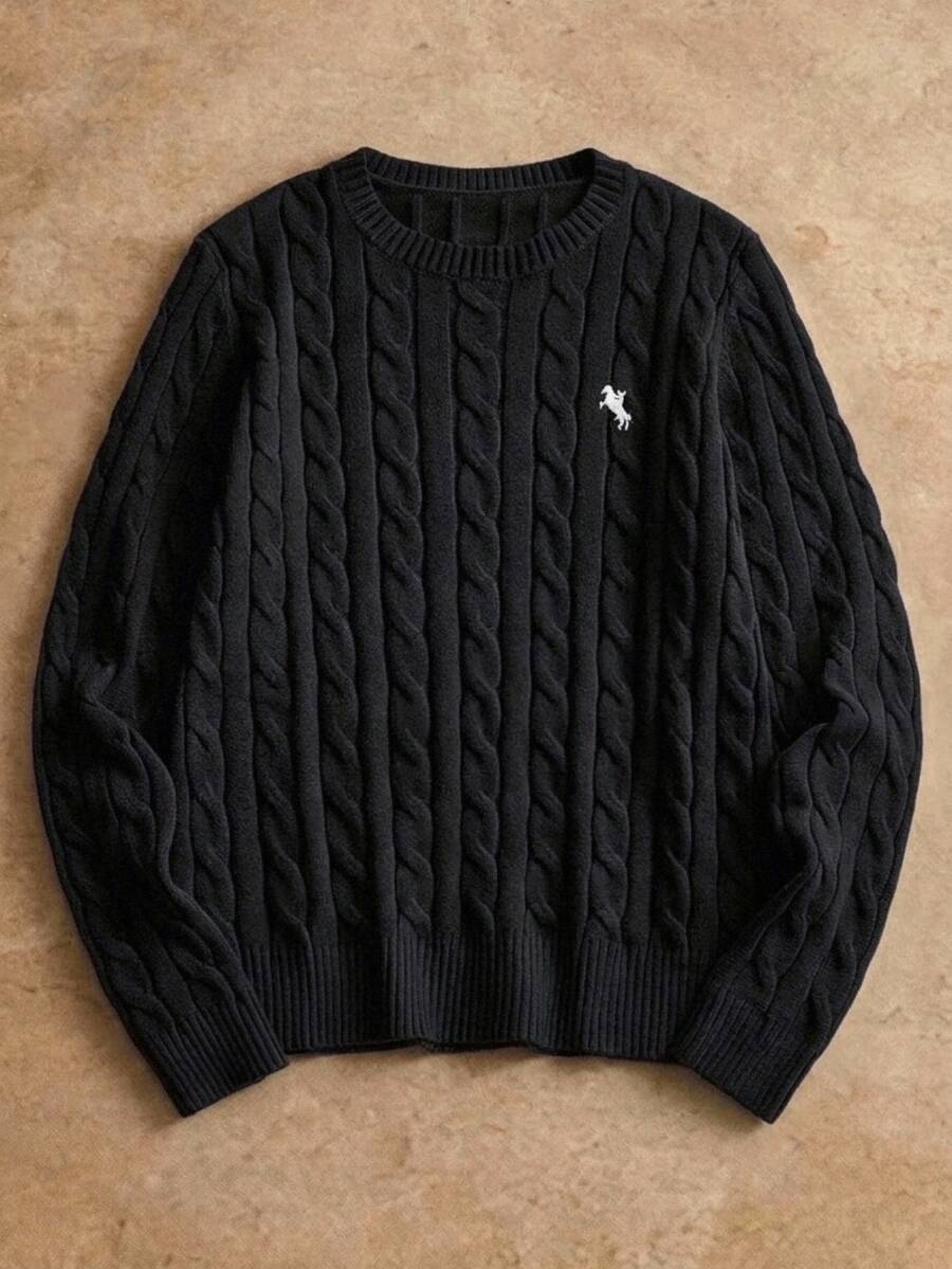 HIMLAND Men Knitted Casual Loose Fit Long Sleeve Sweater, Stylish And Youthful Cable Knit Sweater, Couple Things, For Daily Wear, For Fall Winter, Spring - Black - View 1