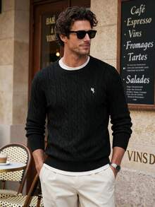 HIMLAND Men Knitted Casual Loose Fit Long Sleeve Sweater, Stylish And Youthful Cable Knit Sweater, Couple Things, For Daily Wear, For Fall Winter, Spring - Black - View 2