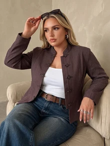 Auralis جاكيت بليزر بني بمقاس كبير، بخصر مشدود وزينة أزرار على شكل ضفدع، بأسلوب صيني جديد، أنيق للعمل اليومي، خريف/شتاء، ، رأس السنة - بني - مشاهدة 5